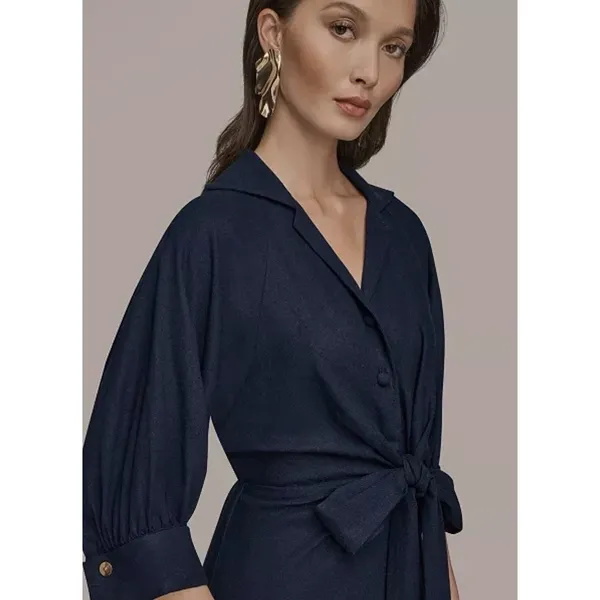 Donna Karan New York Women's Collared 3/4-Sleeve Midi Dress Size 6 Navy Linen - Image 3