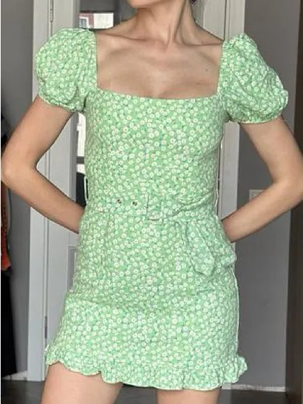 Zara Linen Blend Puff Sleeve Mini Dress in Light Green Floral Daisy Print Size S - Image 3