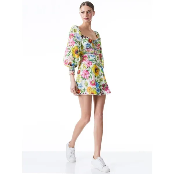 ALICE + OLIVIA Crawford Sweetheart Mini Dress Floral Puff Sleeves Lace Up Size 0 - Image 6