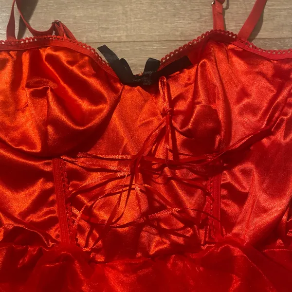 Little red riding Devil lace up corset bodysuit sheer feather skirt bra lingerie set S NEW - Image 3