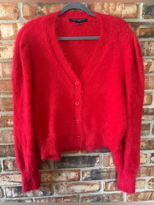 French Connection Fluffy Eyelash V-Neck Button Cardigan - Red - Image 5