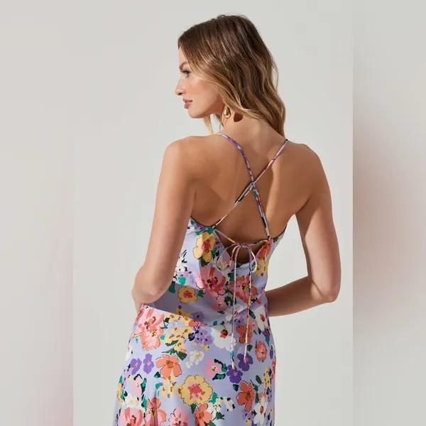 ASTR Gaia Draped Collar Satin Midi Dress in Periwinkle Floral Size Small NWT - Image 13