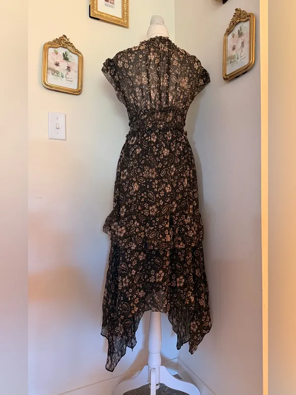 Ulla Johnson Black Floral Asymmetrical Midi Dress 100% Silk - Image 6