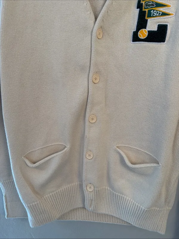 Lacoste Cream V-Neck Cardigan with Athletic Patch size medium - Image 4
