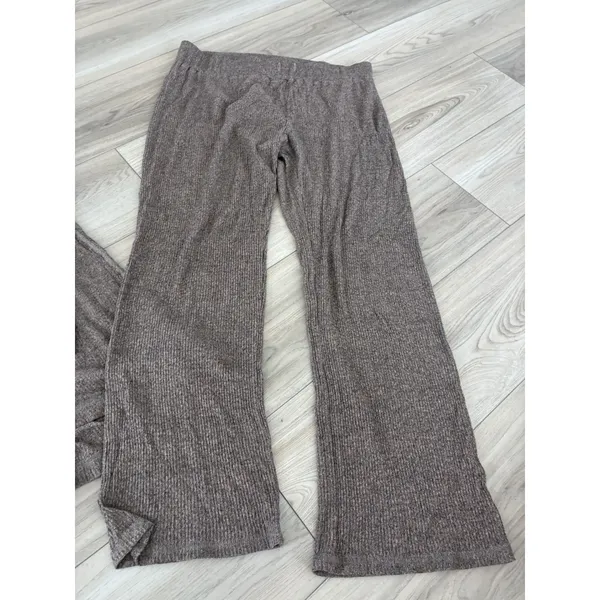 Soft Surroundings Ribbed Knit Lounge Set Tunic Top & Wide Leg Pants Taupe Brown - Image 3