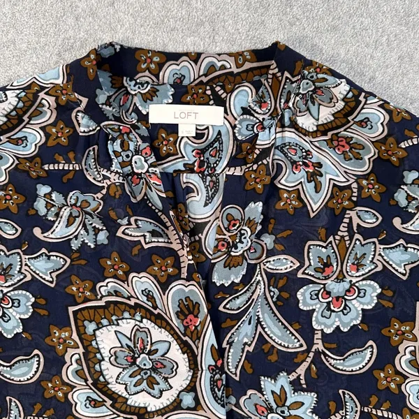 Loft Women's Small Floral Paisley Sheer Tunic Blouse Navy/Brown V-Neck - Image 2
