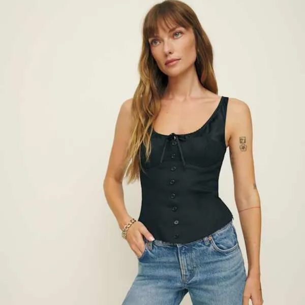 Reformation | Beverly Linen Silk Corset Button Front Top in Black | Size 0 - Image 2
