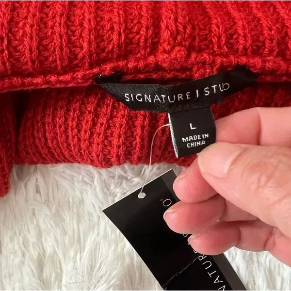Signature Studio Women’s Red Hooded Open Front Knit Cardigan Sweater Pockets L - Image 4