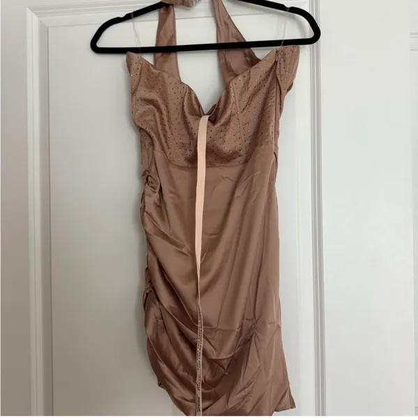 Oh Polly Elegant Halter Neck Dress in Shimmering Tan - Image 6
