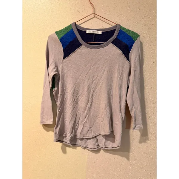 We The Free Women Top M Grey Blue Green Crochet Lace 3/4 Sleeve Boho Raglan - Image 3