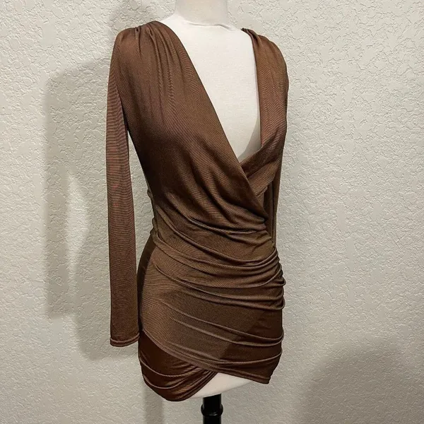 Boohoo Slinky Drape Front Sleeve Body Con Dress - Image 2