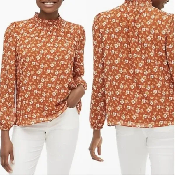 J. Crew Factory Women's Smocked Shirt Orange Floral‎ Long Sleeve Mock Neck AS356 - Image 2