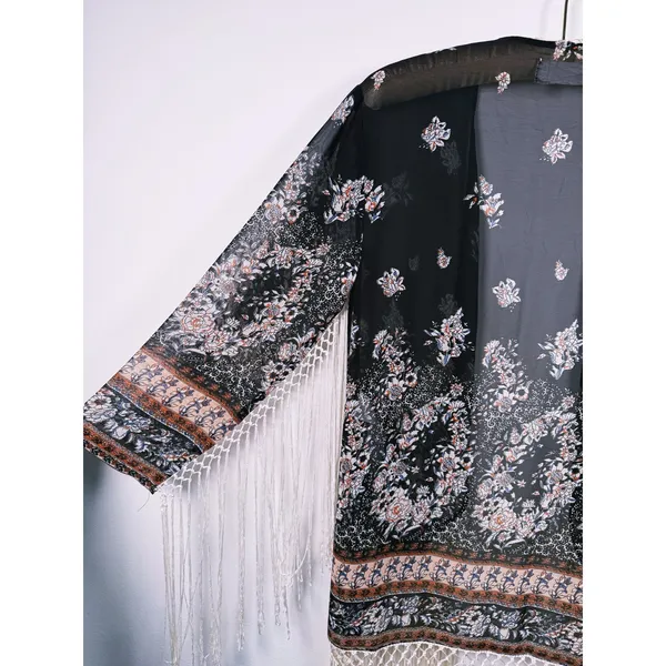 Abercrombie Boho Fringe Kimono Size XS Black Hippie Festival Coachella Western - Image 12