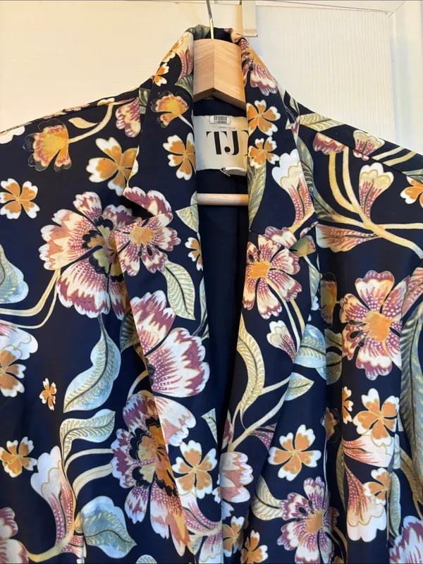 TJD Floral Blazer Jacket in Navy with Yellow & Pink Accents - Image 2