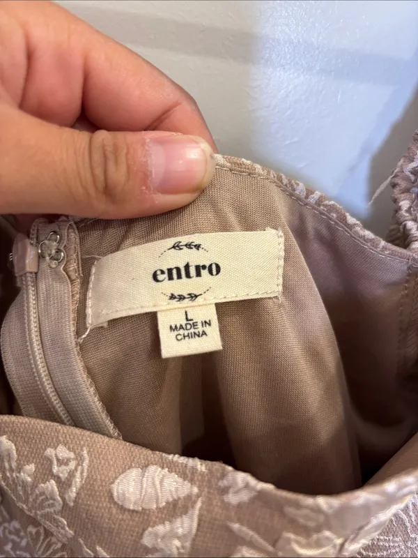 Entro Floral Jacquard Babydoll Mini Dress Tan Cream Puff Sleeve Large - Image 2