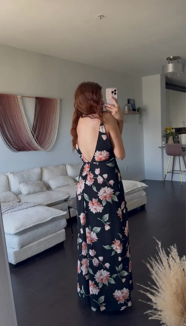 Black Floral Maxi Dress Open Back V-Neck Formal Wedding Guest - Image 2