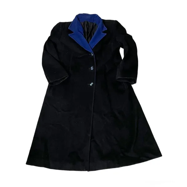 JULES MILLER Black Coat Blue Collar Lapel Fully Lined Midi Length VINTAGE - Image 6