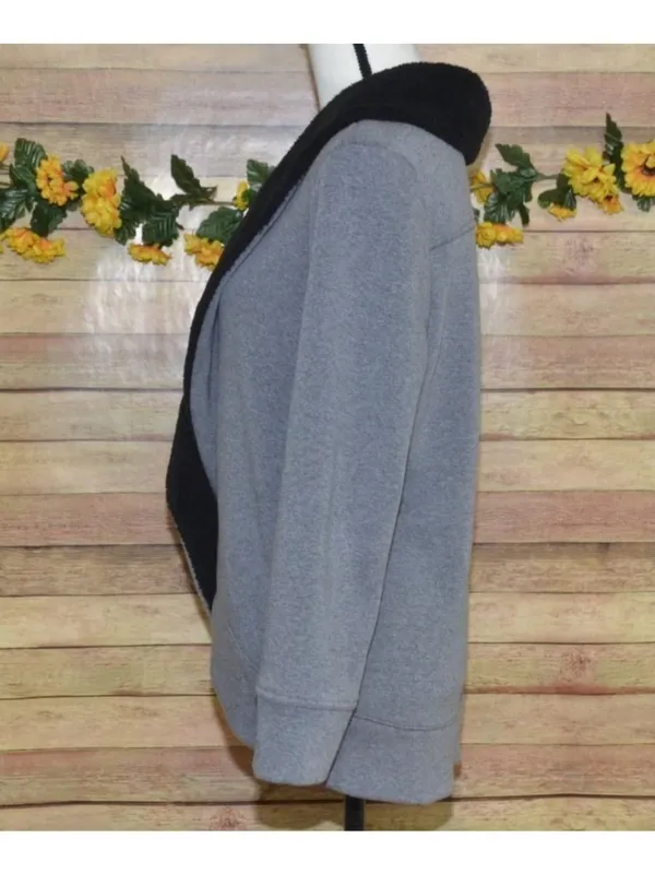 LL Bean Cardigan Jacket Womens M Gray Black Fleece Shawl Collar Open Front - Image 7