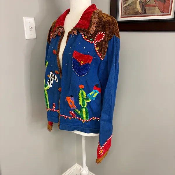 Vintage Western Cactus Cowboy Boot Embroidered Cardigan Blue Chenille Fringe L - Image 7