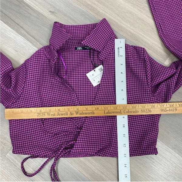 Zara Houndstooth Cropped Polo Top Purple Black‎ Small Long Sleeve Deep V-neck - Image 13