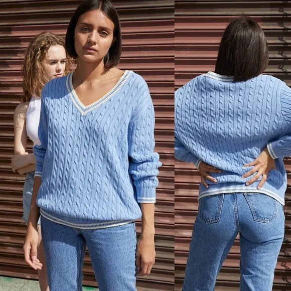 John Galt Blue & White Cable Knit Sweater - Image 2