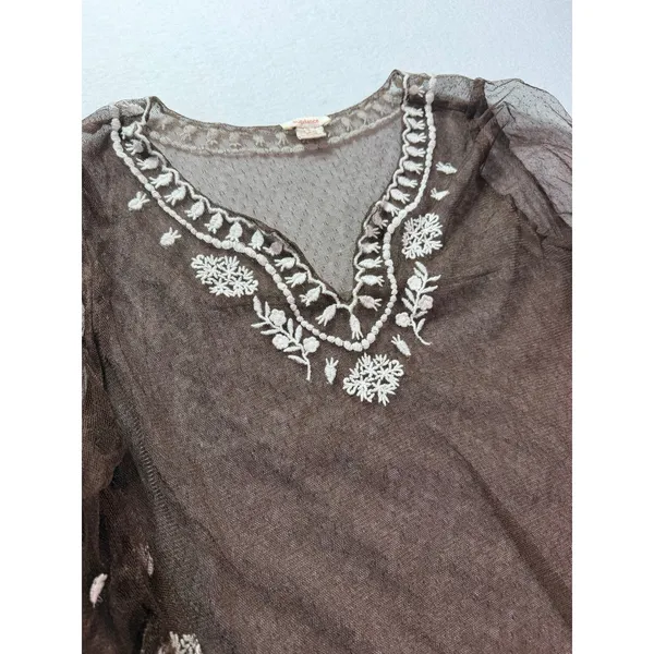Sundance Brown Mesh Embroidered Tunic Top V-Neck 3/4 Sleeve Boho Floral Large - Image 12