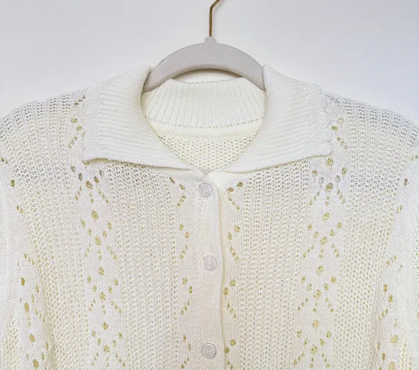 Rihoas white knit crochet short sleeve button up top - Image 3