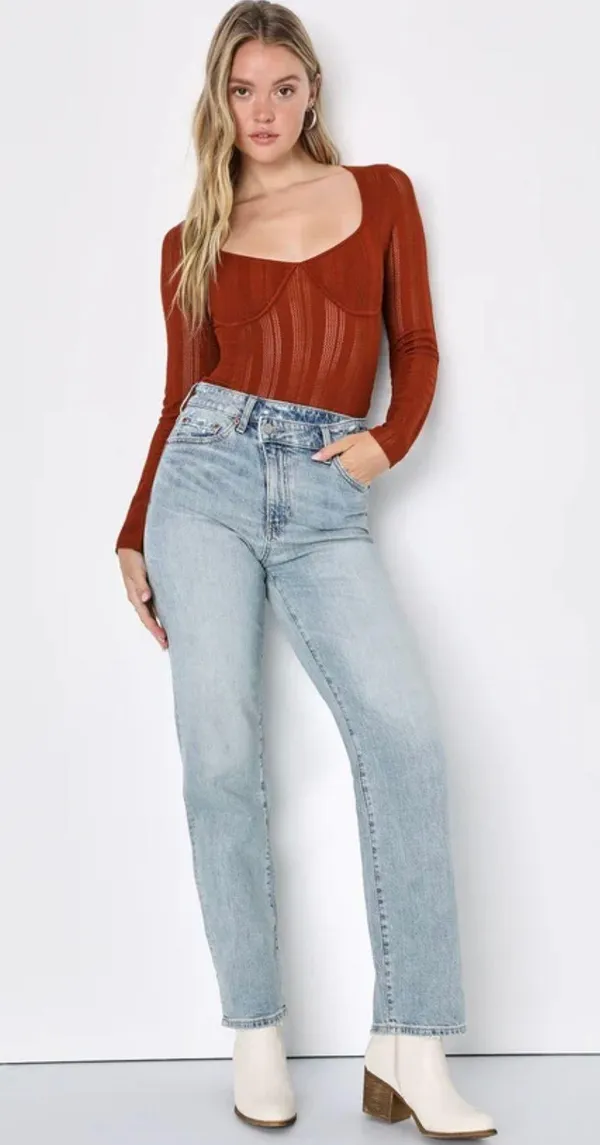 Lulus NWT Chic Behavior Rust Orange Pointelle Knit Long Sleeve Top - Image 2
