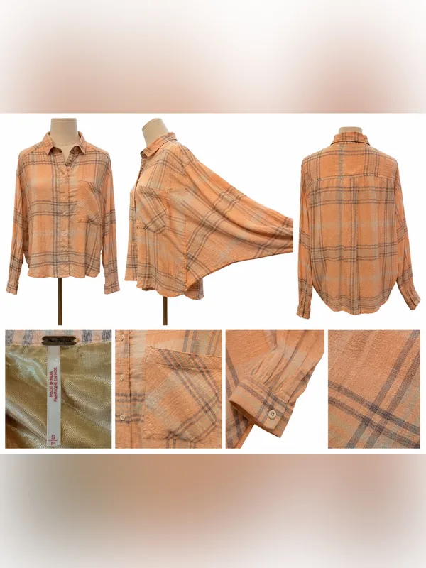 Free People Gauze Button Front Shacket Shirt Peach Gray Plaid Medium - Image 7