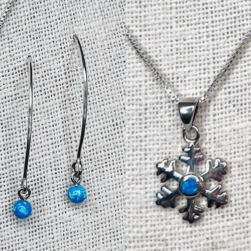 Silver 925 Simulated Fire Opal Snowflake 18" Necklace + Drop Earring Set Jewelry - Image 2