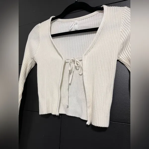 DREAMERS by Debut Cream Long Sleeve Ribbed Cardigan Cover Up Tie Women’s S EUC - Image 2