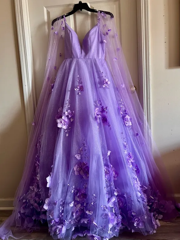 Ellie Wilde Lilac Embroidered Lace‎ Organza Sparkly Prom Dress w/Cape Sleeves 6 - Image 5