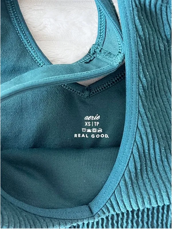 Aerie Green/Teal Ribbed V-Neck Sports Bra XS - Image 3