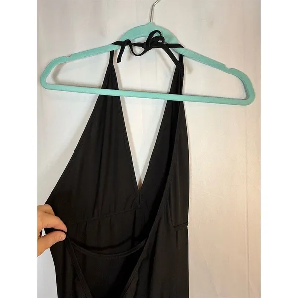 Womens Black Halter Jumpsuit S Deep V Open Back Ruched Straight Leg 28 unbranded - Image 6