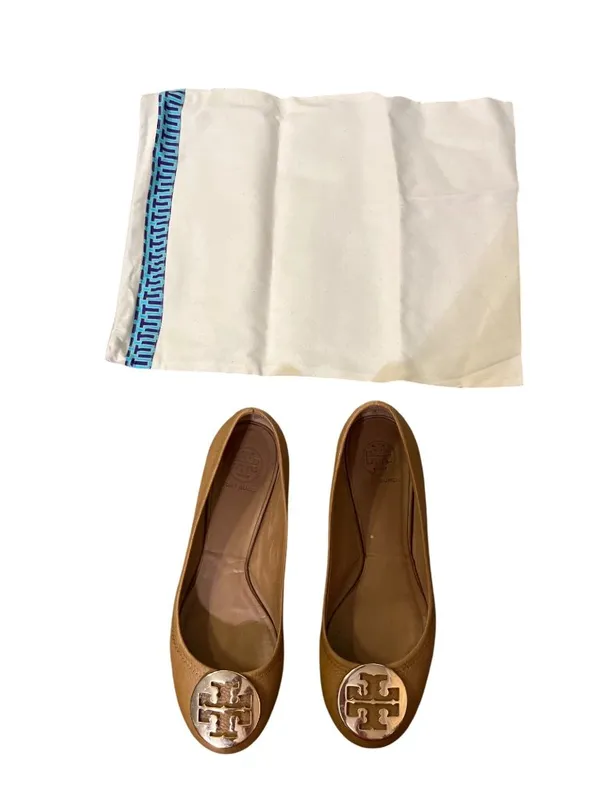Tory Burch Reva Women’s 8.5 Royal Tan / Gold Metallic Leather Ballet Flats Used - Image 9