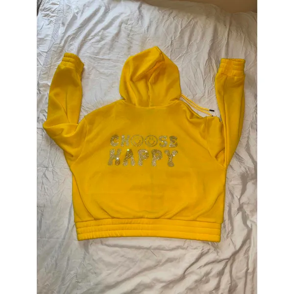 Yellow Rhinestone "Choose Happy" Pullover Hoodie Size XL - Image 5