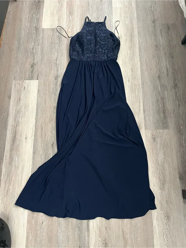 Morgan & Co Navy Lace Sequin Halter Maxi Gown Prom Evening Formal Dress Junior 7 - Image 7
