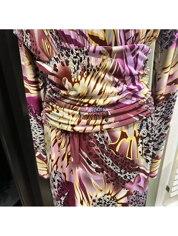 Ashro Tropical Purple and Burgundy Bodycon Dress Size Small - Image 3