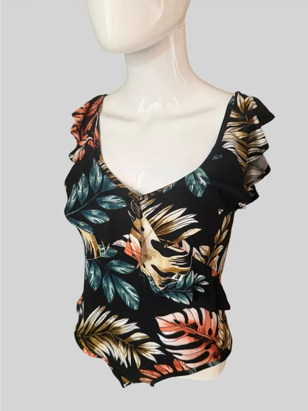 Floral Ruffle V-Neck Black Tropical Leaf Bodysuit - Image 2