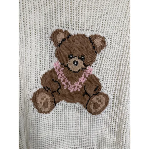 Hollister White Open Knit Teddy Bear Graphic Sweater Slouchy Scoop Neck Size XL - Image 2