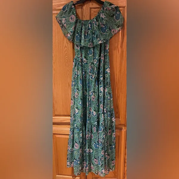 Mango Ruffle One-Shoulder Frill Hem‎ Floral Print Maxi Dress Green Size 2 - Image 7