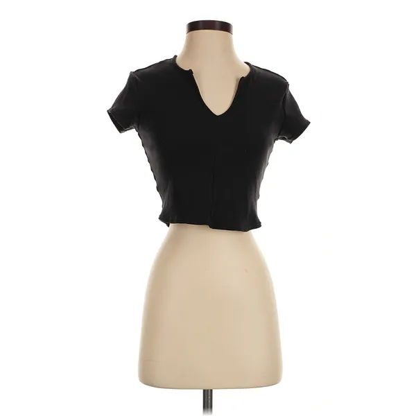 Alo Yoga Black Ribbed Cropped V-Neck Top – Size XS - Image 3