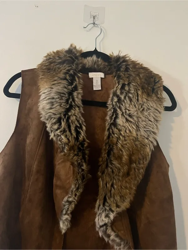 Chico's Brown Faux Suede Faux Fur Waterfall Vest Small Western Farm Cozy Fall - Image 3