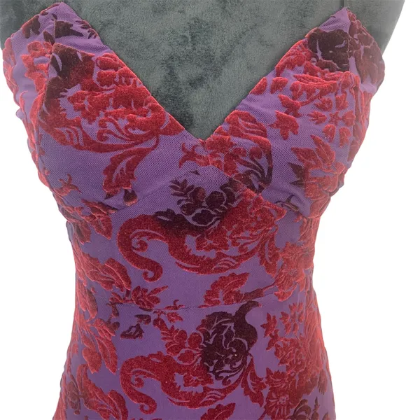 Privy Women's M Purple Red Flocked Velvet Floral Damask Mesh Bodycon‎ Mini Dress - Image 2