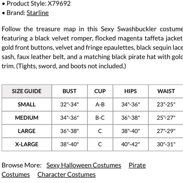 NEW Starline Sexy Swashbuckler Pirate Costume Size Medium - Image 7