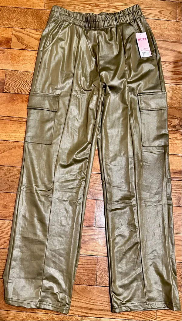 BUZZ FASHION Cargo Wide Leg PULL-ON SATIN Effect heigh waisted stretchy pants L - Image 4