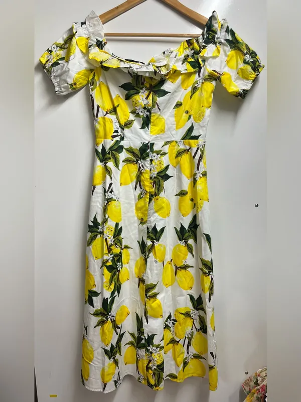 NEW Sugar Lips Lemon print Off Shoulder maxi midi Dress size small 100% cotton - Image 4
