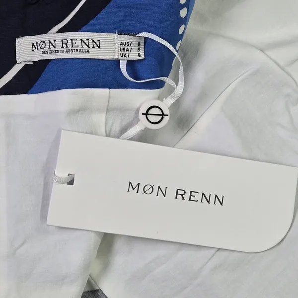 MON RENN Twilight Palms Mini Dress Blue‎ White Abstract Cutout Back Size S NWT - Image 5