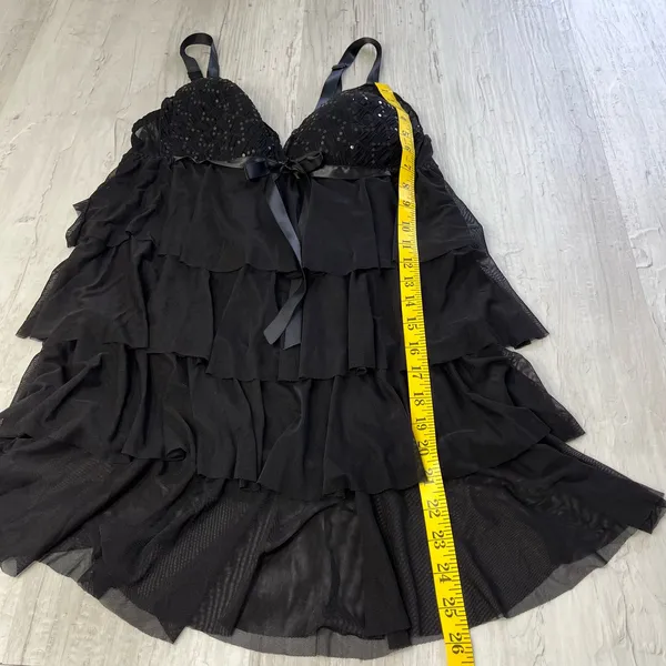 Enchanted Black Ruffle Sequin Baby Doll Lingerie Matching Thong Medium - Image 7