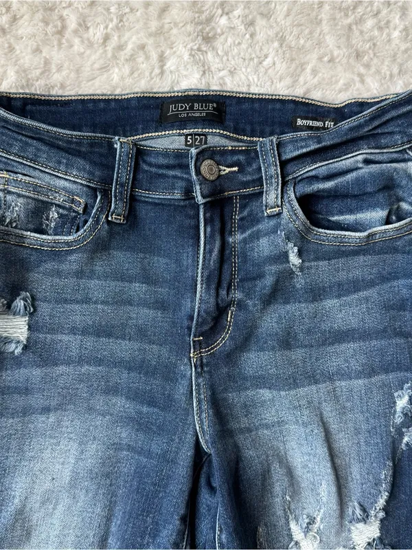 Judy Blue 5/27 Mid Rise Cuffed Destroyed Boyfriend Fit Jeans Distressed Denim - Image 5